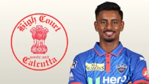 Delhi Capitals cricketer Abishek Porel alongside the Calcutta High Court logo, representing a legal matter or court-related news involving the Indian cricketer.