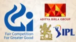 Logos of the Competition Commission of India (CCI), Aditya Birla Group, Royal Challengers Bengaluru (RCB) and the Indian Premier League (IPL), representing Indian cricket and business.