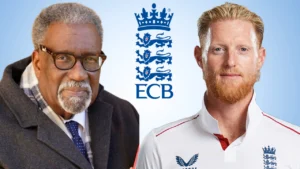 West Indies cricket legend Clive Lloyd and England captain Ben Stokes pictured alongside the England and Wales Cricket Board (ECB) logo in relation to English cricket.