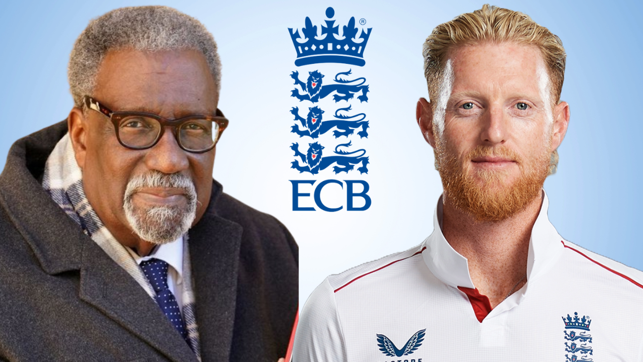 West Indies cricket legend Clive Lloyd and England captain Ben Stokes pictured alongside the England and Wales Cricket Board (ECB) logo in relation to English cricket.