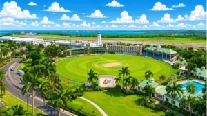 Aerial view of Coolidge Cricket Ground in Antigua, featuring the cricket stadium, surrounding buildings, palm trees, and the Caribbean coastline under a blue sky.
