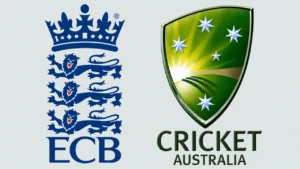 Logos of Cricket Australia and the England and Wales Cricket Board (ECB), representing the two national governing bodies for cricket in Australia and England.