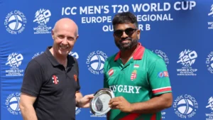 Cricket Hungary representatives receive the MCC Spirit of Cricket Award during the ICC Men's T20 World Cup Europe Regional Qualifier B.