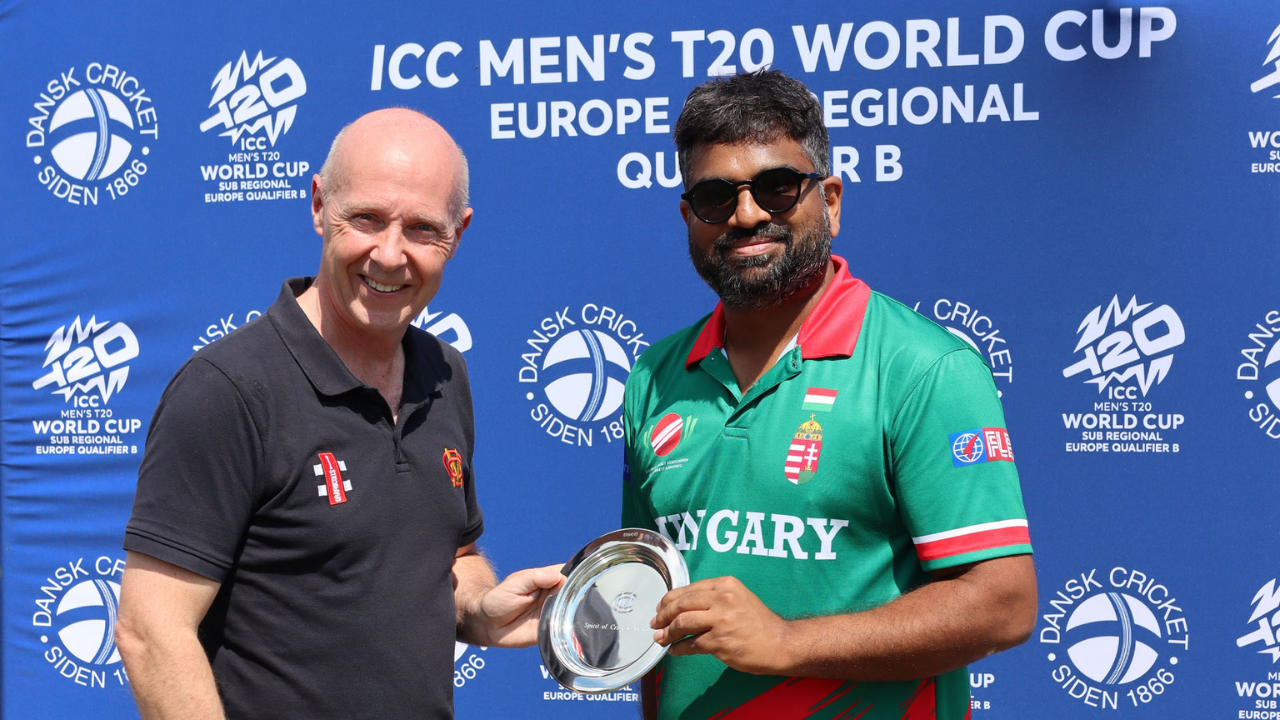 Cricket Hungary representatives receive the MCC Spirit of Cricket Award during the ICC Men's T20 World Cup Europe Regional Qualifier B.