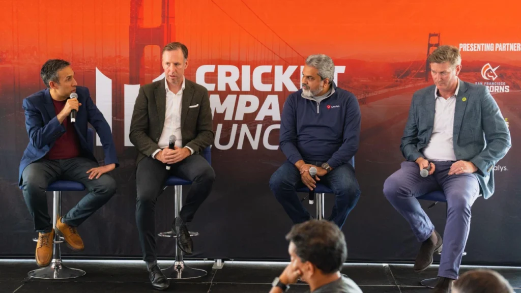 Zee Zaidi moderates a business panel with San Francisco Unicorns CEO David White, Qualys CEO Sumedh Thakar and Seattle Orcas CEO Sean Cary at the Cricket Impact Summit 2026.
