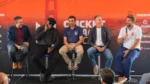 Zee Zaidi, Chris Gayle, Robin Uthappa, Michael Vaughan and Liam Plunkett during a panel discussion at the Cricket Impact Summit 2026 launch event in San Francisco.