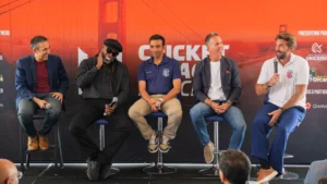 Zee Zaidi, Chris Gayle, Robin Uthappa, Michael Vaughan and Liam Plunkett during a panel discussion at the Cricket Impact Summit 2026 launch event in San Francisco.