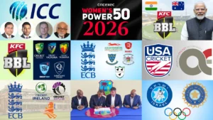 Collage highlighting major global cricket news stories, including the ICC, ECB, BBL, USA Cricket, Cricket Australia, Cricexec Women's Power 50, Cricket West Indies and international cricket developments.