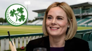 Cricket Ireland logo alongside CEO Sarah Keane at a cricket ground, representing the governing body's leadership and administration.