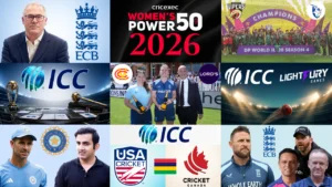 Collage highlighting major global cricket news, including ECB leadership, Cricexec Women's Power 50 2026, ICC updates, England women's cricket, USA Cricket, Cricket Canada, and international coaching developments.