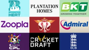 Logos of Brisbane Heat, Plantation Homes, BKT, Zoopla, Manchester Super Giants, Admiral, Republic Bank CPL, The Cricket Draft and the ECB highlighting recent cricket partnerships and sponsorships.