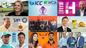 Collage highlighting major cricket news featuring the ICC, ECB, IPL, BBL, Cricket Australia, World Cricketers' Association, Sunrisers Hyderabad and leading cricket personalities.