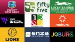 Collage featuring the logos of Cricket West Indies, Zimbabwe Cricket, WCPL, Leicestershire County Cricket Club, Fifty Five, Mukuru, Lions Cricket, Enza Construction and Joburg, highlighting global cricket partnerships and sponsors.