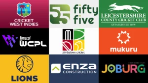 Collage featuring the logos of Cricket West Indies, Zimbabwe Cricket, WCPL, Leicestershire County Cricket Club, Fifty Five, Mukuru, Lions Cricket, Enza Construction and Joburg, highlighting global cricket partnerships and sponsors.