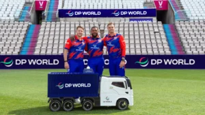 David Miller, Tristan Stubbs and Chris Jordan pose during the Southern Brave and DP World partnership launch at a cricket stadium.