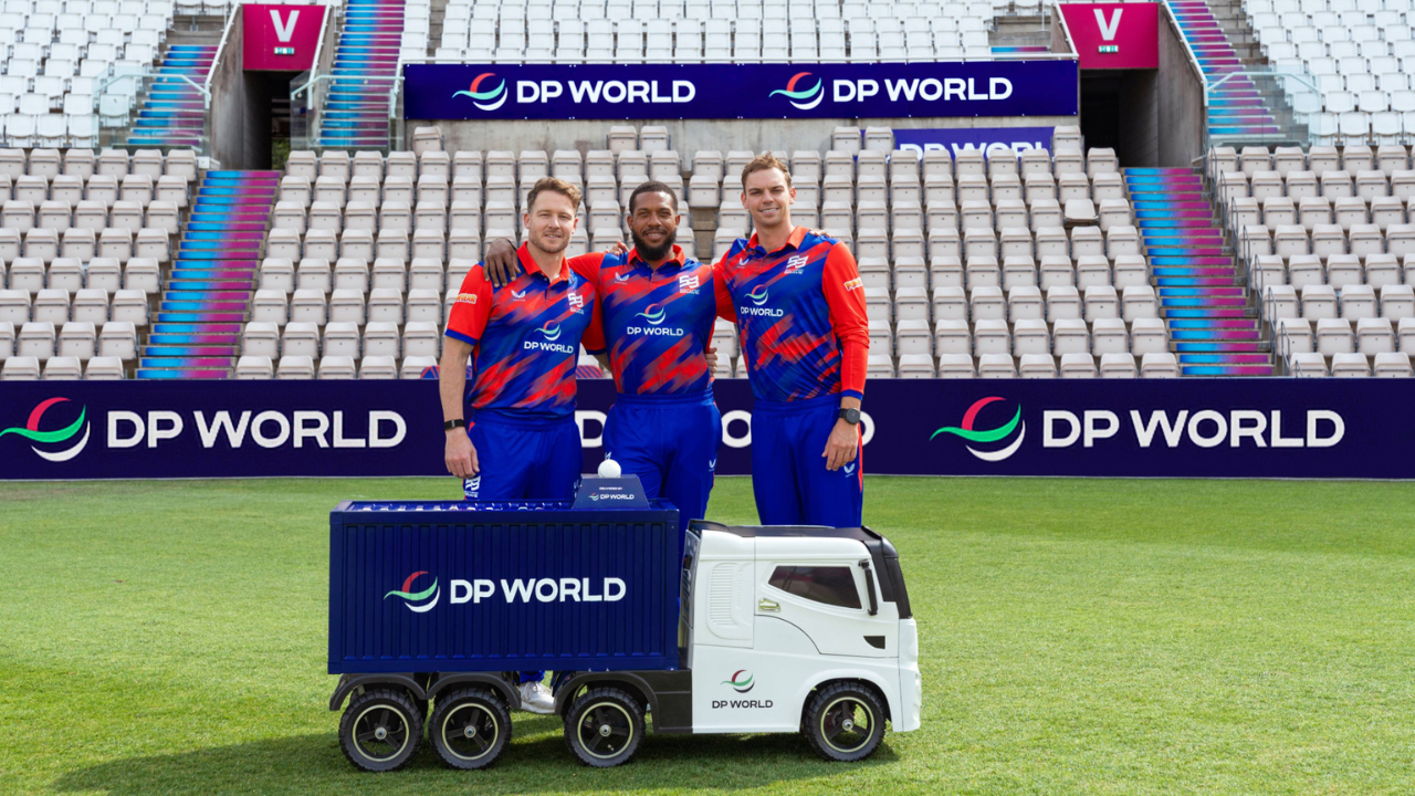 David Miller, Tristan Stubbs and Chris Jordan pose during the Southern Brave and DP World partnership launch at a cricket stadium.