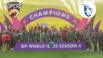 Desert Vipers players celebrate winning the DP World ILT20 Season 4 championship trophy, with the Desert Vipers and International League T20 (ILT20) logos displayed.