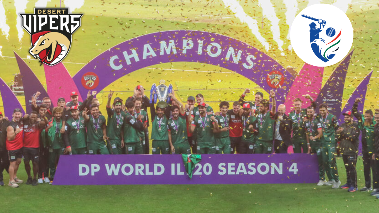 Desert Vipers players celebrate winning the DP World ILT20 Season 4 championship trophy, with the Desert Vipers and International League T20 (ILT20) logos displayed.