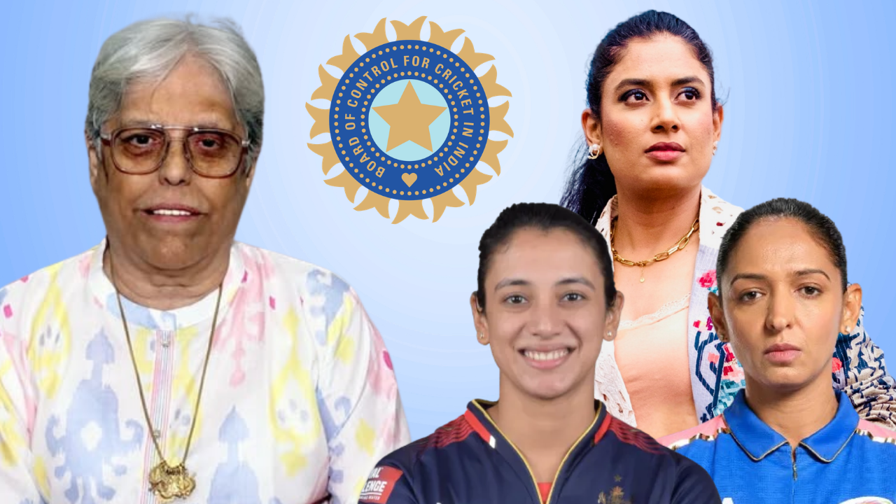 Diana Edulji with Smriti Mandhana, Mithali Raj, Harmanpreet Kaur and the BCCI logo in a graphic related to Indian women's cricket governance and administration.