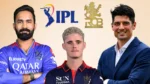 Dinesh Karthik, Jacob Bethell and Alastair Cook featured alongside the IPL and Royal Challengers Bengaluru (RCB) logos in a graphic highlighting the franchise and its prominent cricket personalities.