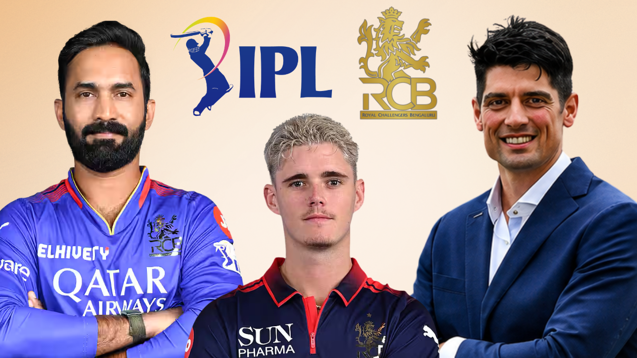 Dinesh Karthik, Jacob Bethell and Alastair Cook featured alongside the IPL and Royal Challengers Bengaluru (RCB) logos in a graphic highlighting the franchise and its prominent cricket personalities.