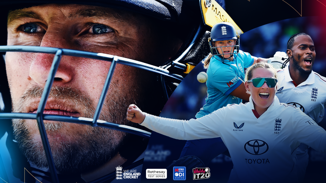 England Cricket promotional graphic featuring men's and women's international players ahead of the 2026 home season, highlighting Test, ODI and T20 series.