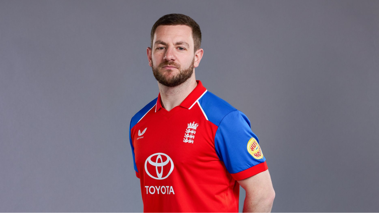 England cricketer Callum Flynn poses in the England team jersey during an official portrait session.