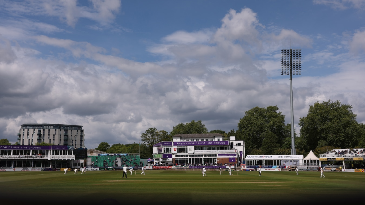 Wide view of the Ambassador Cruise Line Ground, home of Essex County Cricket Club, during a county cricket match in Chelmsford, England.