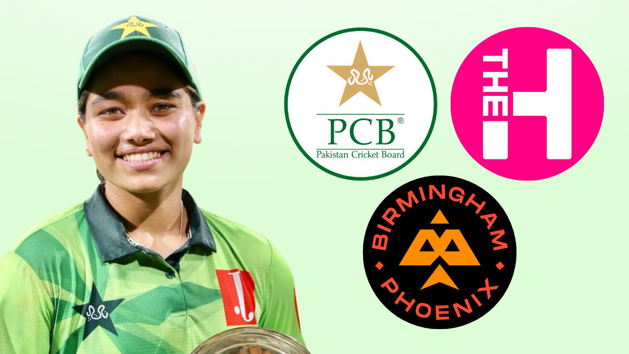 Pakistan captain Fatima Sana alongside the Pakistan Cricket Board (PCB), The Hundred and Birmingham Phoenix logos, highlighting her participation in The Hundred 2026.