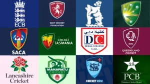Collage featuring the logos of major cricket governing bodies and organizations, including the ECB, Cricket Australia, Queensland Cricket, Cricket Tasmania, Lancashire Cricket, Cricket NSW, Pakistan Cricket Board, Kent Cricket Foundation, SACA, and other cricket associations.