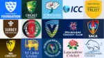 Logos of leading global cricket organizations, including Cricket Australia, the ICC, Sri Lanka Cricket, the Afghanistan Cricket Board, Melbourne Cricket Club, Lancashire Cricket, and several county cricket foundations and associations.