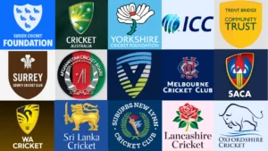 Logos of leading global cricket organizations, including Cricket Australia, the ICC, Sri Lanka Cricket, the Afghanistan Cricket Board, Melbourne Cricket Club, Lancashire Cricket, and several county cricket foundations and associations.