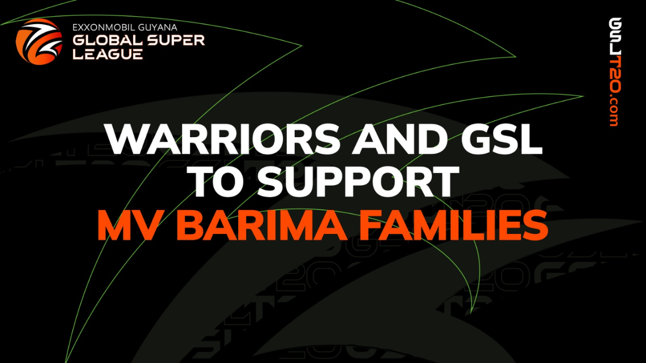Graphic announcing the Guyana Global Super League and Guyana Amazon Warriors' support for families affected by the MV Barima tragedy.