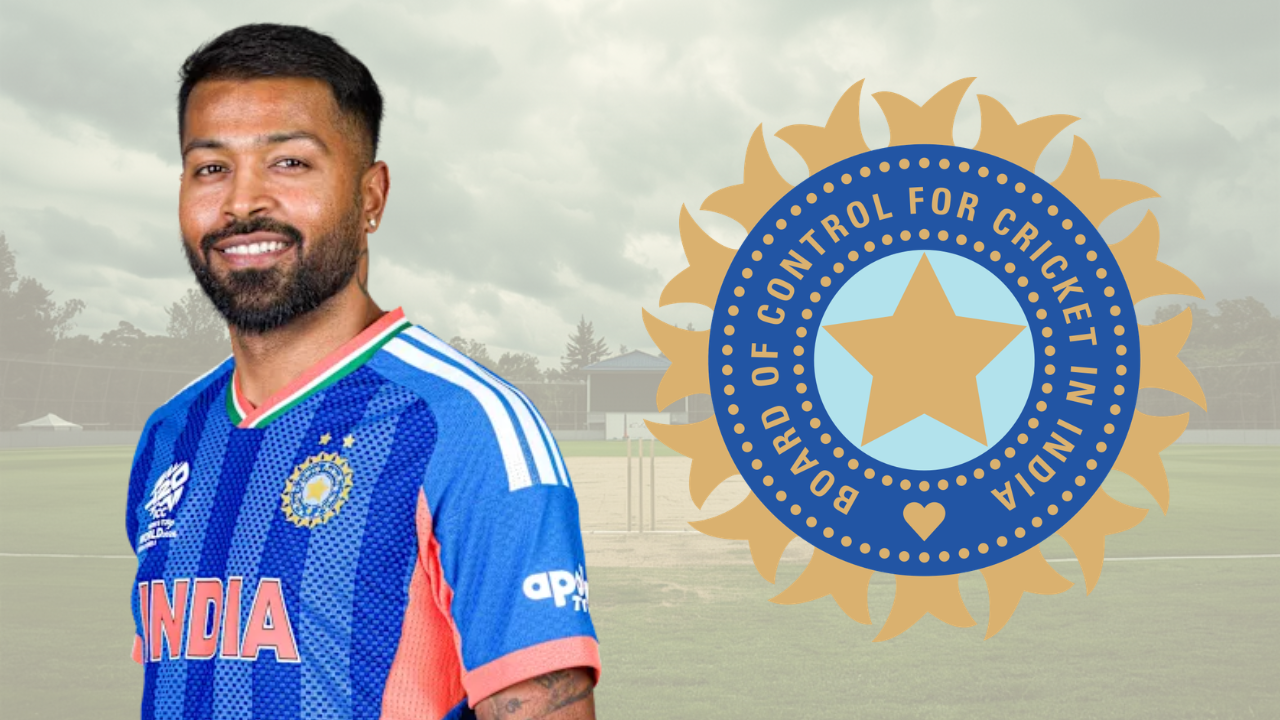 India all-rounder Hardik Pandya pictured alongside the BCCI logo, representing Indian cricket and the Board of Control for Cricket in India.