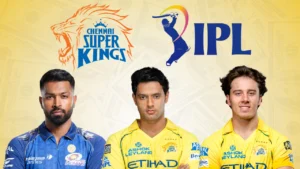 Hardik Pandya, Shivam Dube and Dewald Brevis pictured alongside the IPL and Chennai Super Kings logos amid IPL transfer and squad speculation.