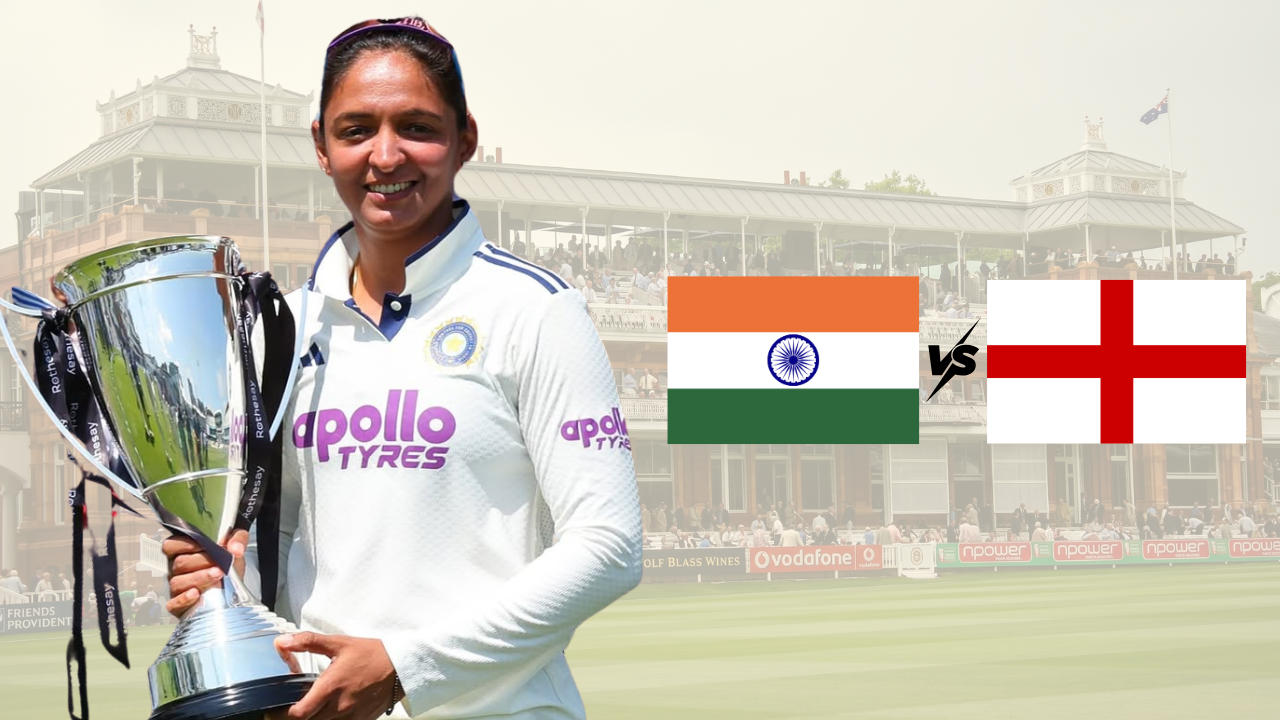 Harmanpreet Kaur with a trophy alongside India and England flags ahead of the women's cricket match at Lord's Cricket Ground in London.