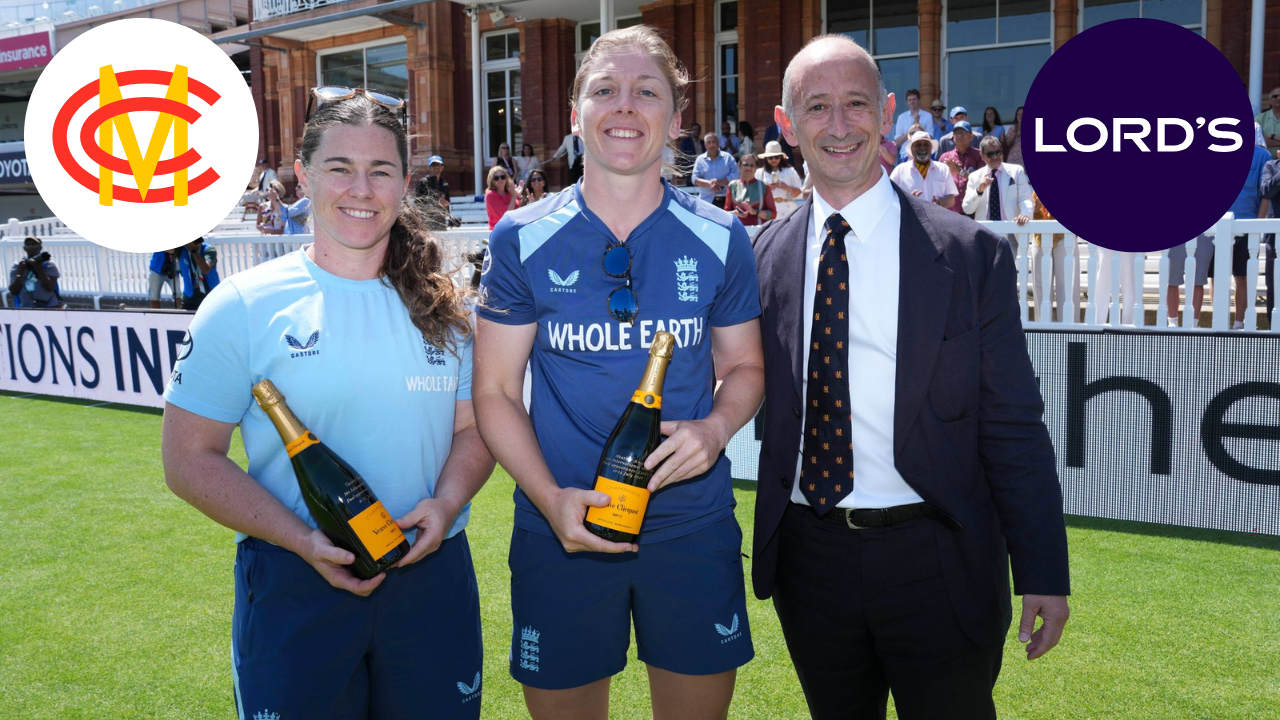 England captain Heather Knight and MCC President Robert Lawson pose with award winners at Lord’s Cricket Ground during a post-match presentation ceremony.