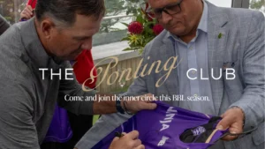 Promotional image for the Hobart Hurricanes' Pointing Club membership, featuring a signed Hobart Hurricanes jersey during a Big Bash League (BBL) member event.
