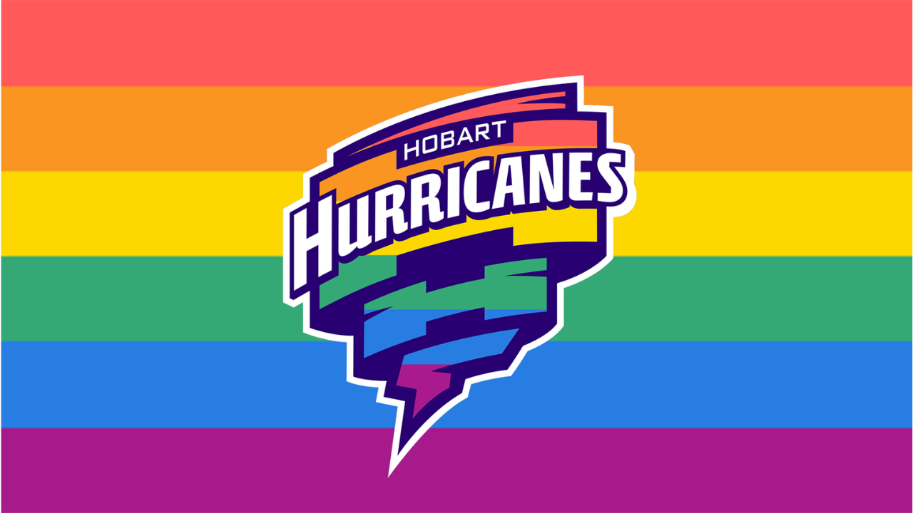 Hobart Hurricanes logo displayed in rainbow colours to promote the club's support for the LGBTQ+ community during Pride Round and inclusion initiatives.