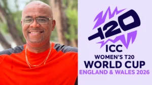 Former West Indies cricketer and commentator Ian Bishop alongside the ICC Women's T20 World Cup England and Wales 2026 logo.