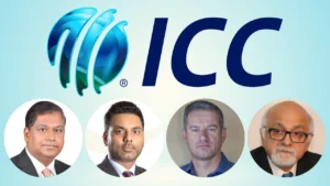 ICC logo with portraits of Gurumurthy Palani, Mubashshir Usmani, Dr Rudie van Vuuren and Imran Khwaja, highlighting key International Cricket Council board directors and administrators.