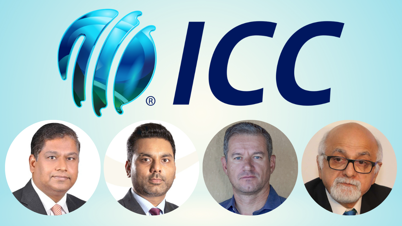 ICC logo with portraits of Gurumurthy Palani, Mubashshir Usmani, Dr Rudie van Vuuren and Imran Khwaja, highlighting key International Cricket Council board directors and administrators.