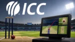 ICC Decision Review System (DRS) ball-tracking technology displayed on a monitor during a cricket match, with the ICC logo, stumps and cricket ball at a floodlit stadium.