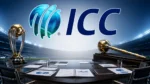 International Cricket Council (ICC) logo displayed above a cricket boardroom setting with the ICC Cricket World Cup trophy and chairman's mace, representing the global governing body of cricket.