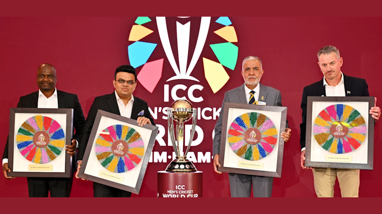 ICC officials unveil the host cities and official brand identity for the ICC Men's Cricket World Cup 2027 during the launch ceremony alongside the tournament trophy.