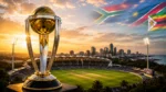 The ICC Men's Cricket World Cup trophy displayed above a cricket stadium with the flags of South Africa, Namibia and Zimbabwe, the co-hosts of the 2027 tournament.