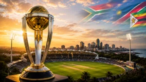 The ICC Men's Cricket World Cup trophy displayed above a cricket stadium with the flags of South Africa, Namibia and Zimbabwe, the co-hosts of the 2027 tournament.