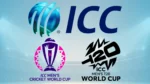 International Cricket Council (ICC), ICC Men's Cricket World Cup, and ICC Men's T20 World Cup logos displayed on a blue stadium-themed background.