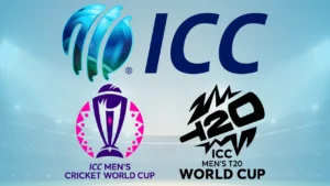 International Cricket Council (ICC), ICC Men's Cricket World Cup, and ICC Men's T20 World Cup logos displayed on a blue stadium-themed background.