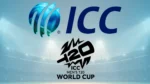 ICC Men's T20 World Cup logo with ICC branding displayed over a floodlit cricket stadium background.